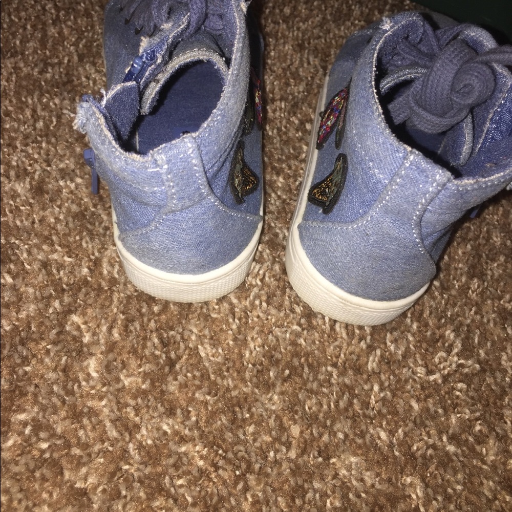 Blue Jean zip up shoe with patches worn 3x